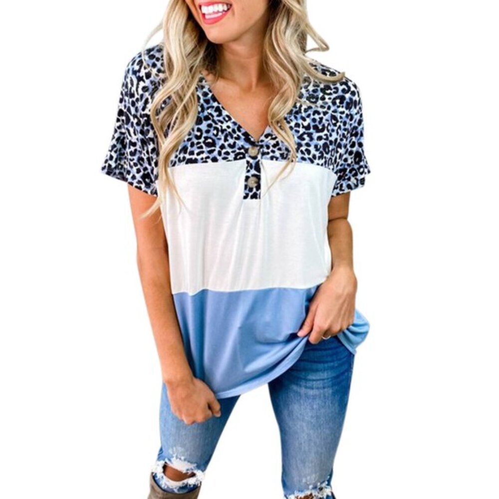 Blue Color Block V-Neck Top